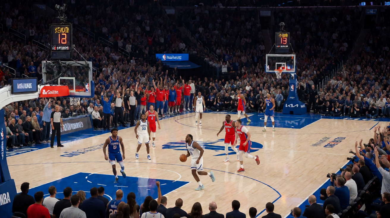 篮球场馆内正在进行NBA比赛的场景，观众席座无虚席