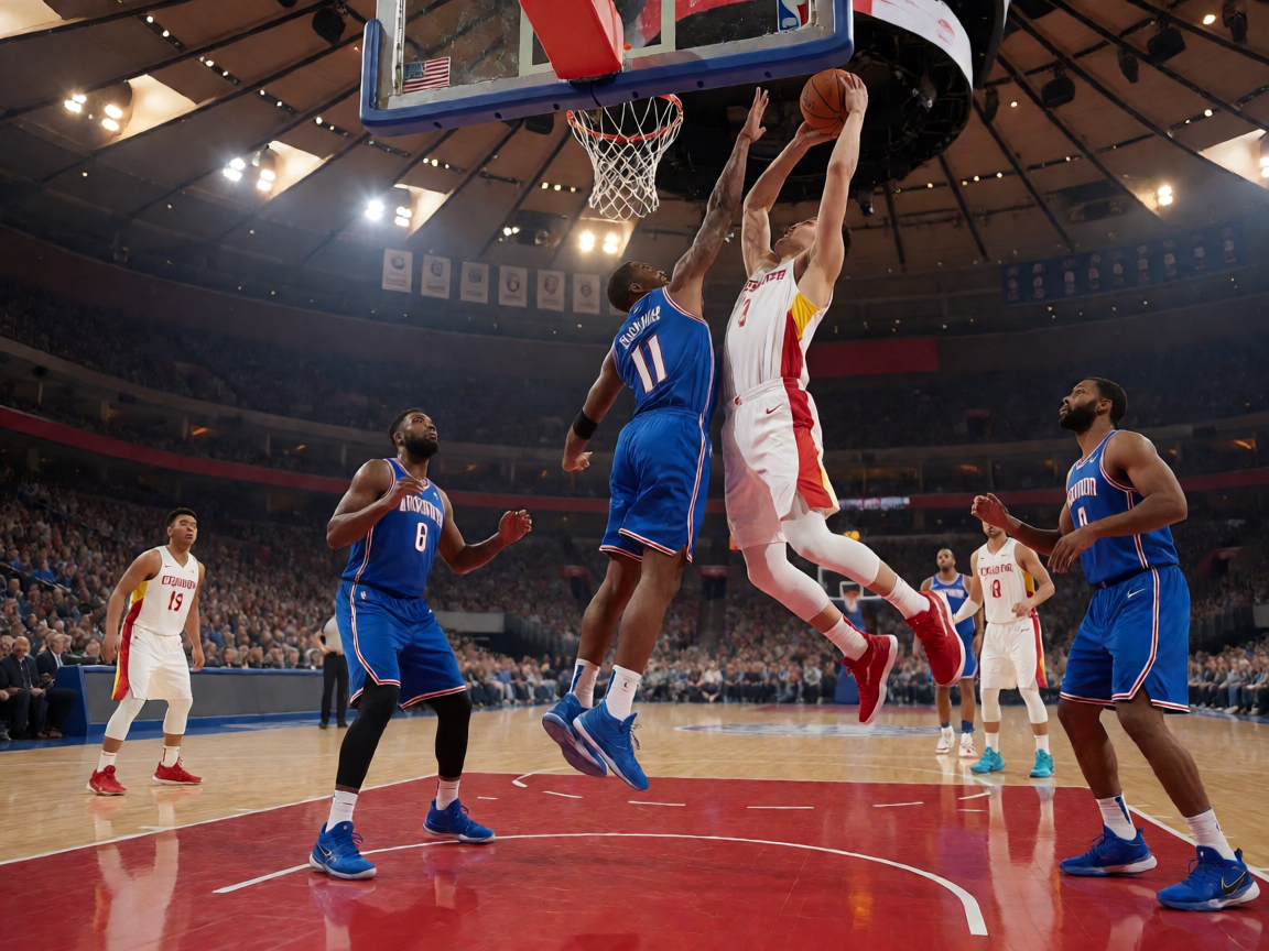 NBA职业篮球联赛比赛现场，球员在场上激烈对抗